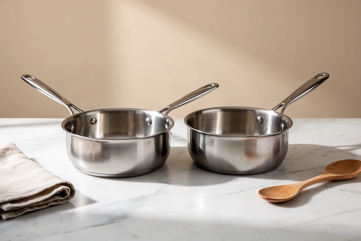 Two pieces of stainless cookware arranged on a marble counter with clean styling