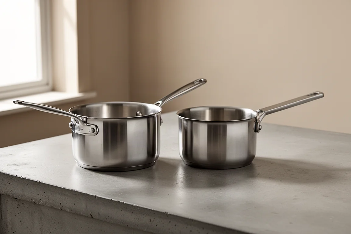 Two stainless steel saucepans with different handle designs on a concrete counter