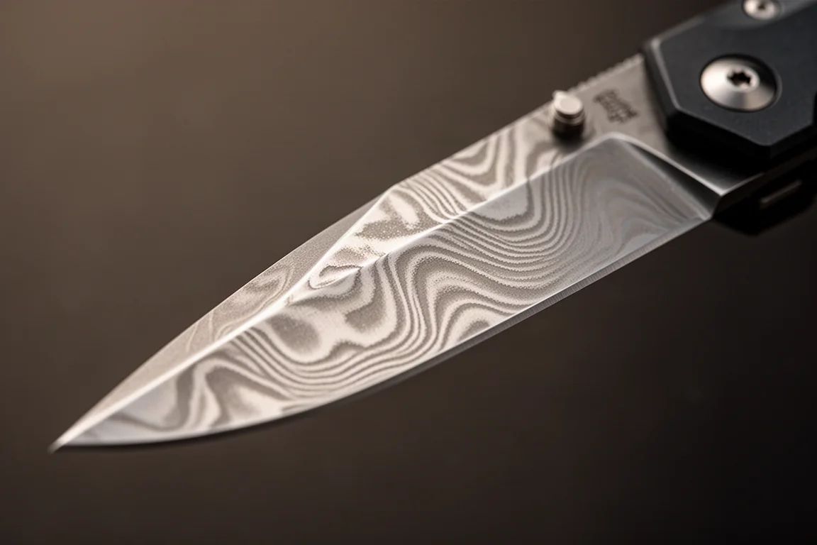 Gros plan sur une lame de couteau polie miroir avec un motif ondulé distinctif posée sur une surface sombre