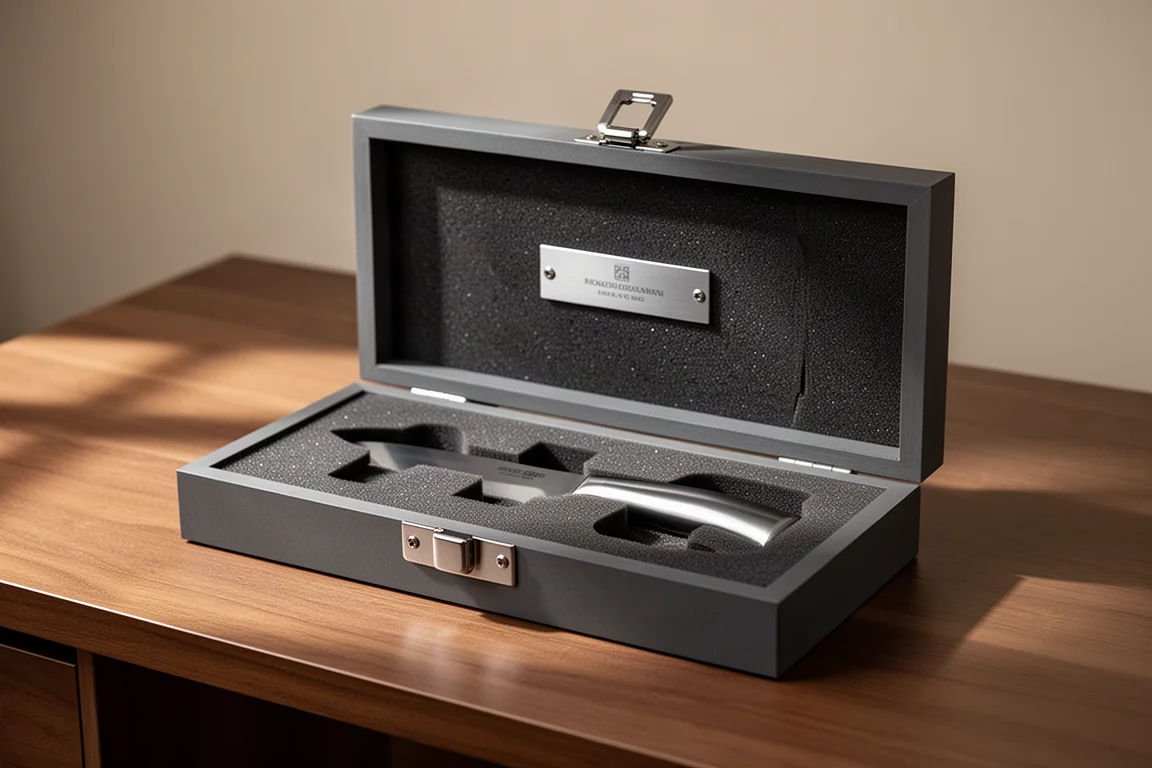 Coffret de présentation luxueux ouvert avec plaque en acier, loquet et mousse taillée sur mesure