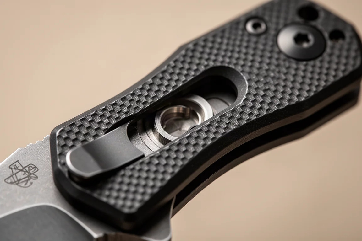 Vue macro du liner lock finement usiné et des découpes en creux sur une plaquette de couteau