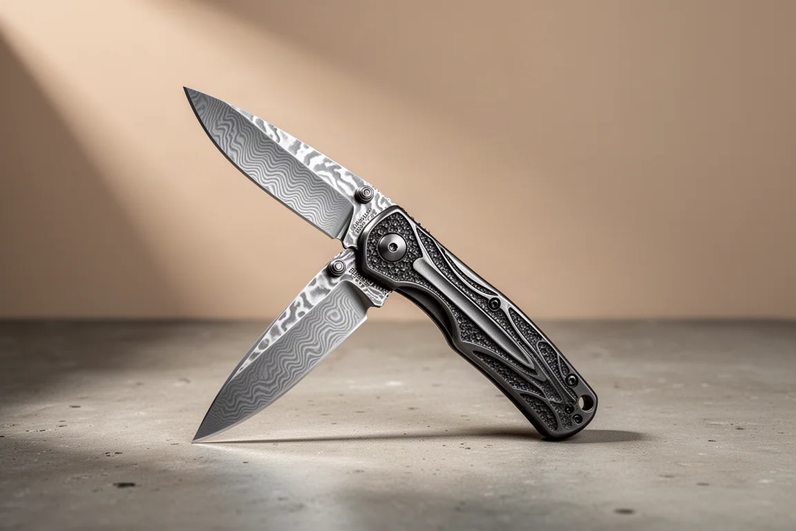 Full dress Herman Sting folding knife with mirror-polished patterned blade and milled scales on concrete