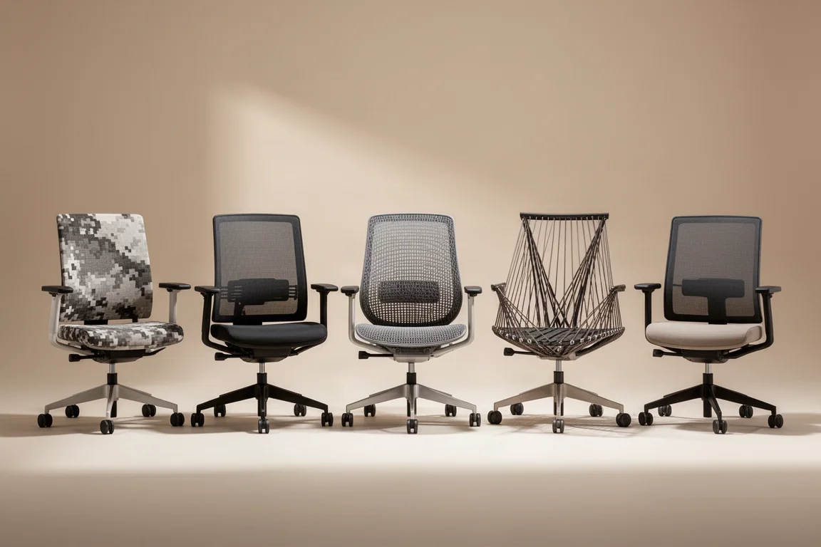 五張 Herman Miller 人體工學辦公椅排成一列，背景為中性色調