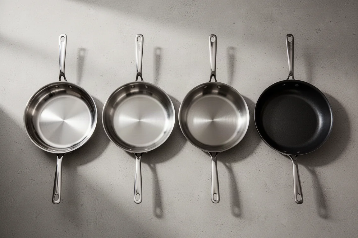 Four stainless steel skillets side by side on a kitchen counter
