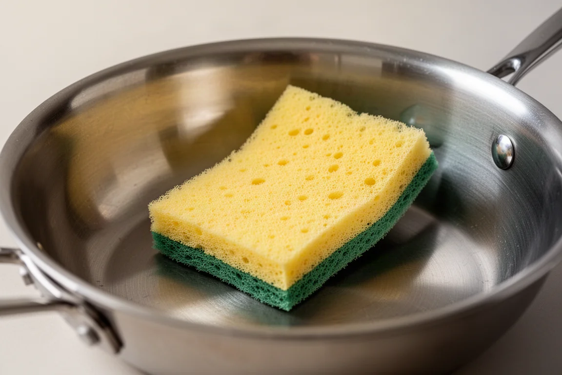 Close-up of a sponge resting on the polished interior of a steel pan