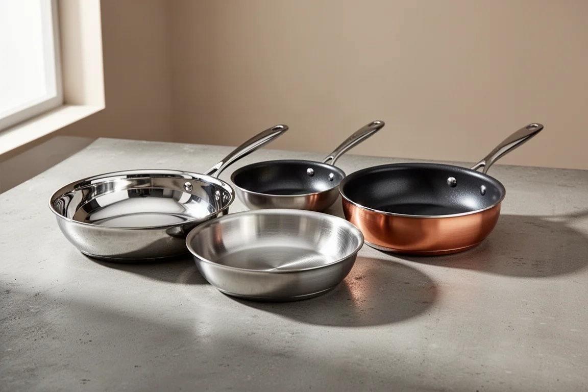 Four premium stainless steel skillets with different finishes arranged on a concrete surface