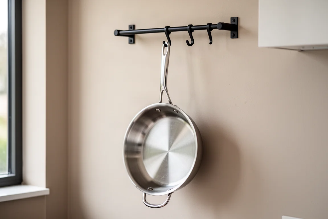 En stekpanna hänger i sitt handtagsöga på en köksväggshylla