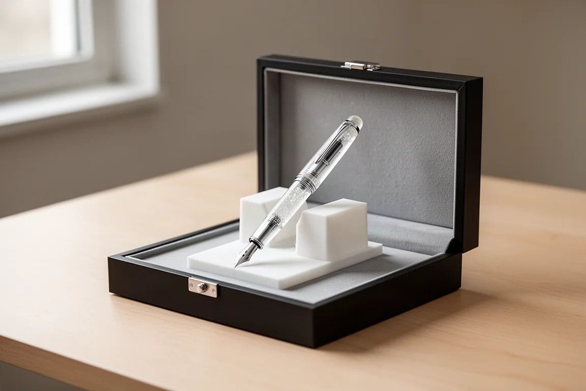Transparent 3D printed fountain pen with magnetic presentation box that lifts the pen upward