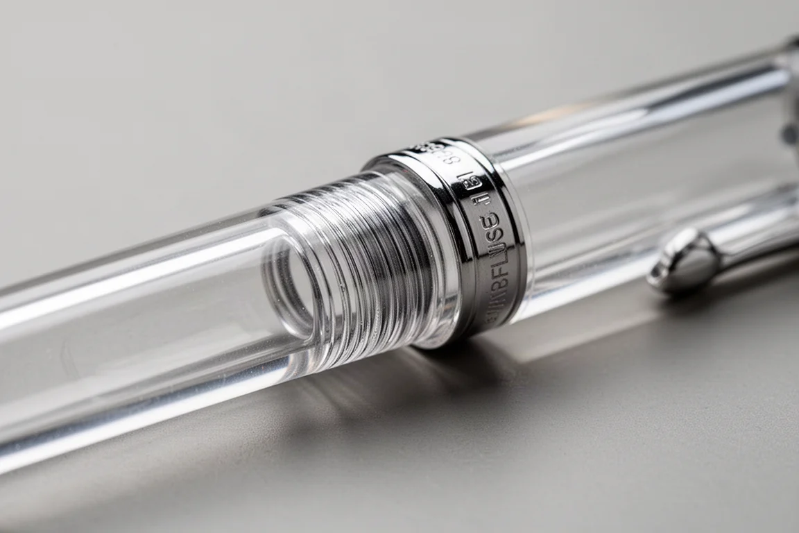 Close-up of a translucent pen cap and barrel showing threaded cap entry points