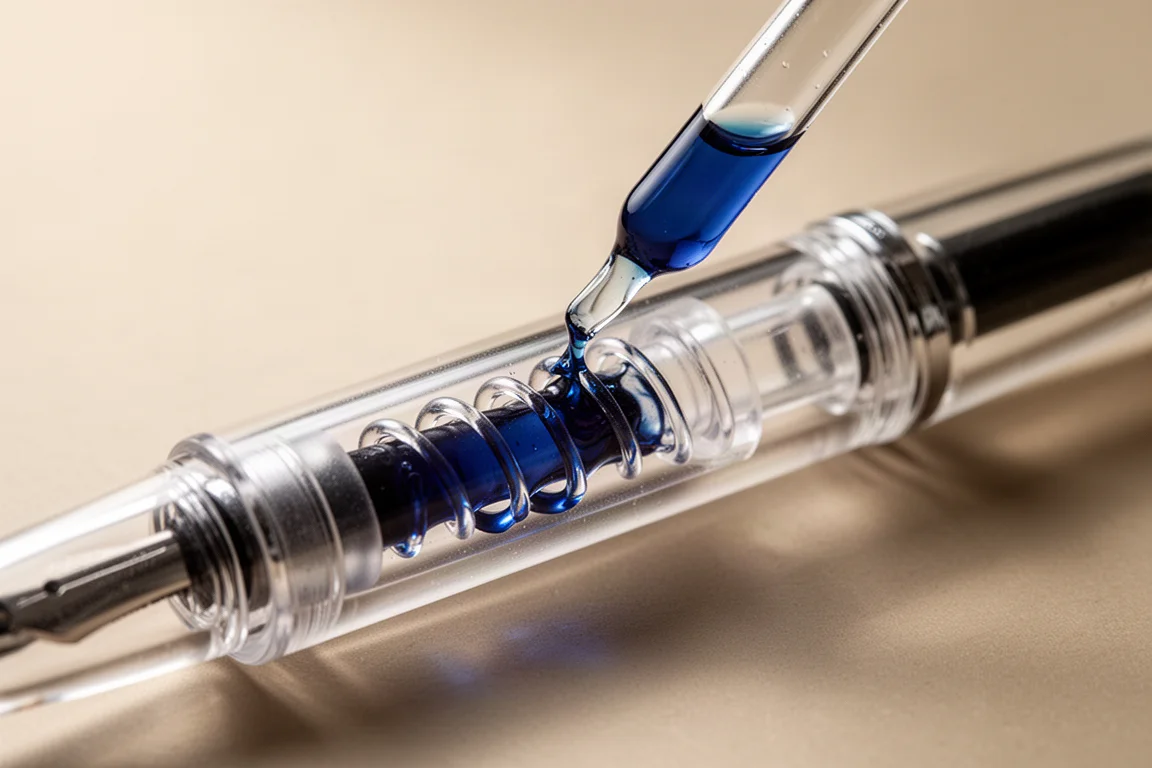 Eyedropper filling translucent pen ink chamber with blue ink