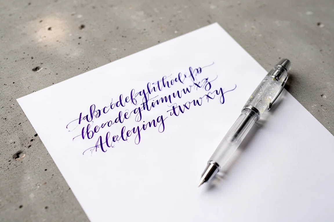 Broad nib writing sample with blue-purple ink on white paper