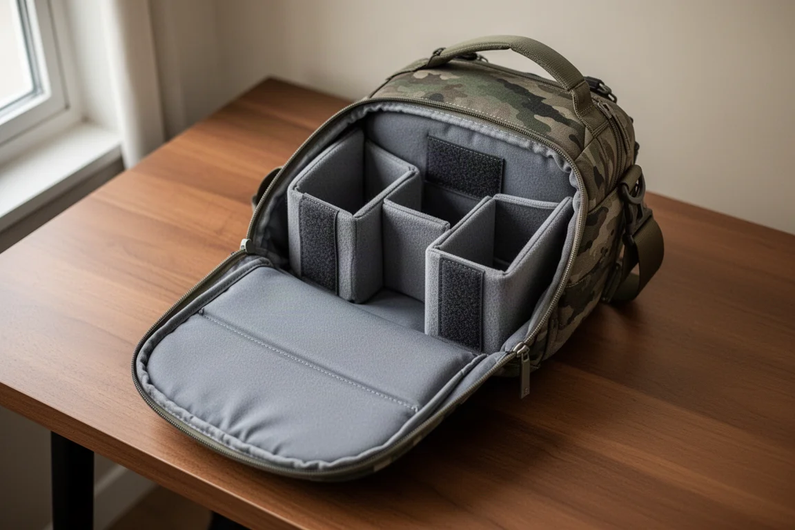 木製デスクの上で開かれた、クッション付きディバイダーを備えたコンパクトなカメラスリングバッグ