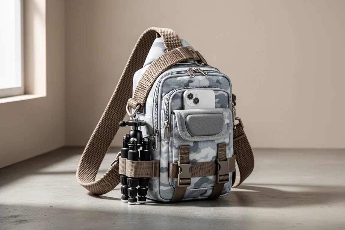 Hex Ranger Mini Kamera-Sling in Glacier Camo auf einer Betonoberfläche