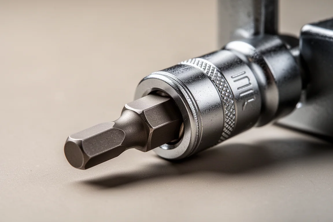 Nahaufnahme eines Sechskant-Bit-Halter-Adapters, der eine Stecknuss tief in seinen Körper eingeschoben hält