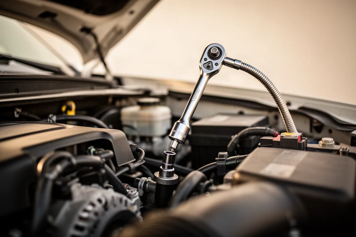 Szenario ohne Zuhilfenahme der Hände: eine Flexkopf-Ratsche erreicht eine enge Vertiefung im Motorraum