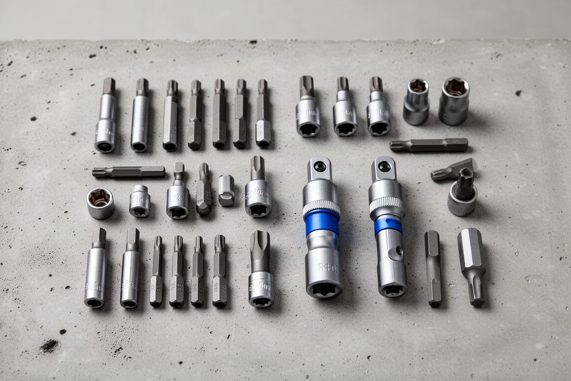 Zwei Bit-Halter-Adapter auf einer Werkbank mit verschiedenen Stecknuss-Bits in der Nähe
