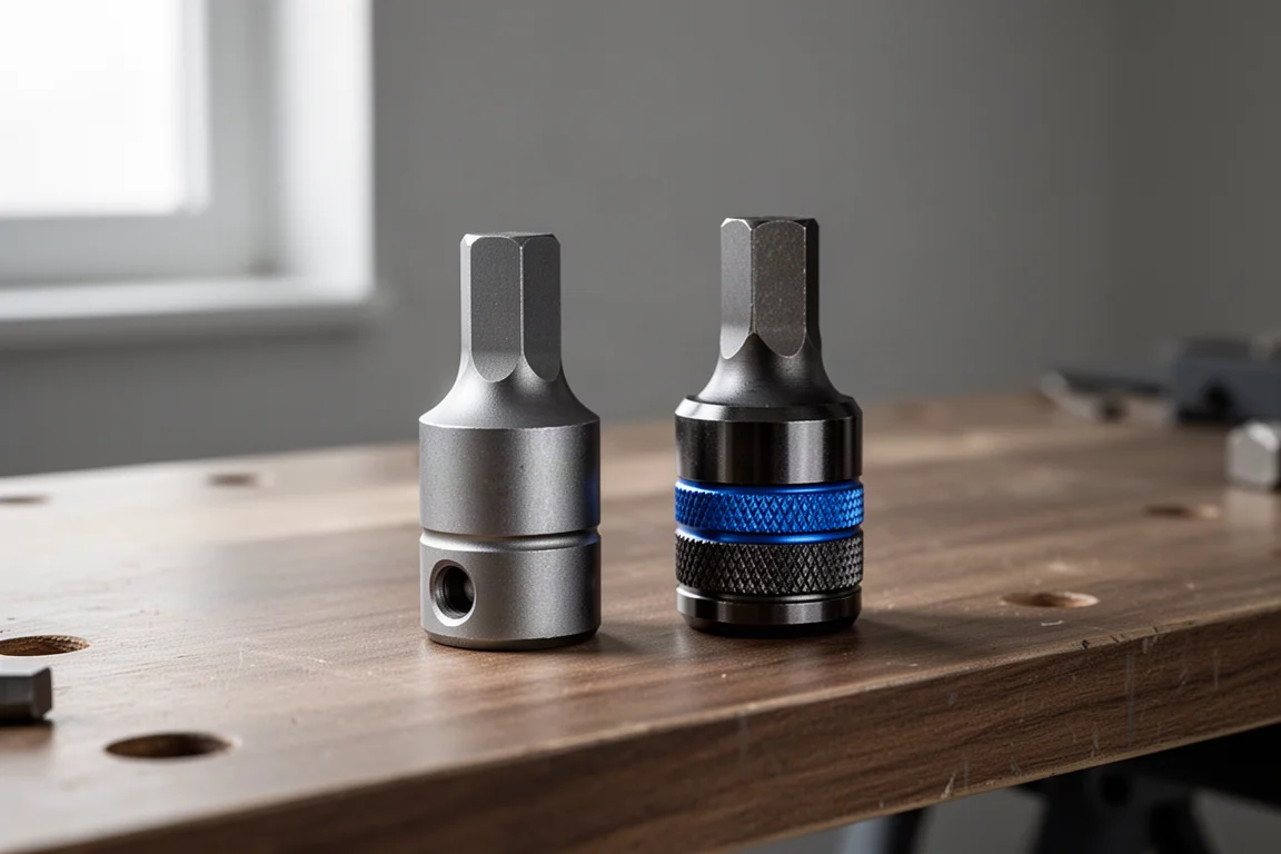 Two hex-to-square drive bit holder adapters on a wooden workbench