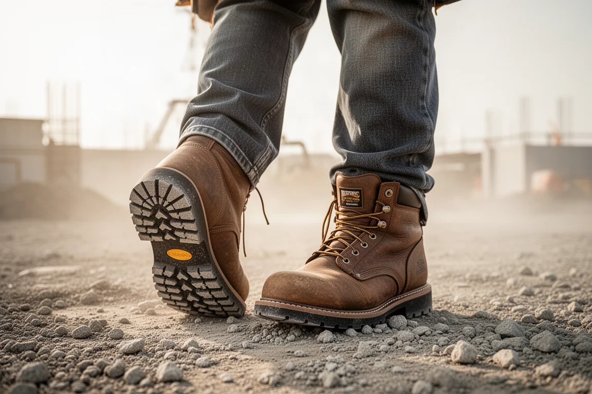 Contractor in work boots standing on rough bare ground at a job site