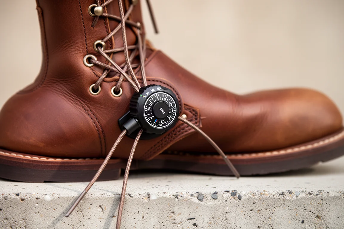 Close-up of a dial-based closure system on a leather work boot