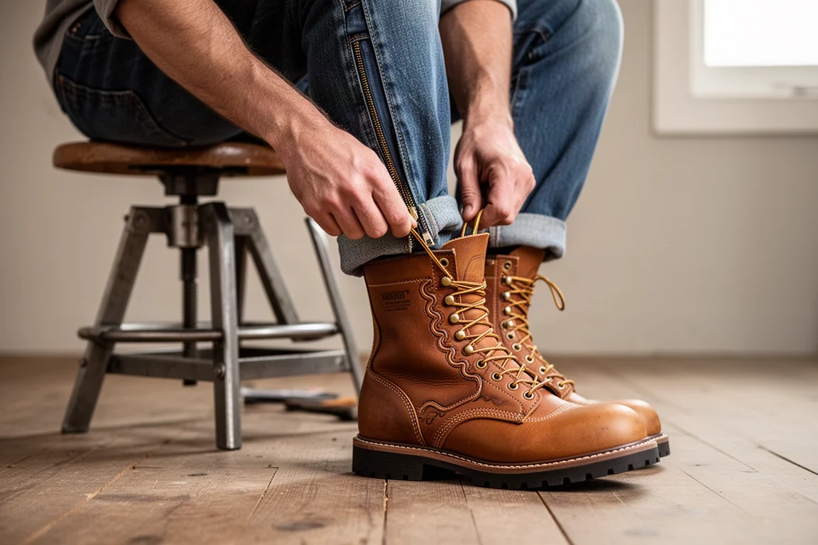 Worker lacing an eight-inch leather boot with a wave-shaped lace design