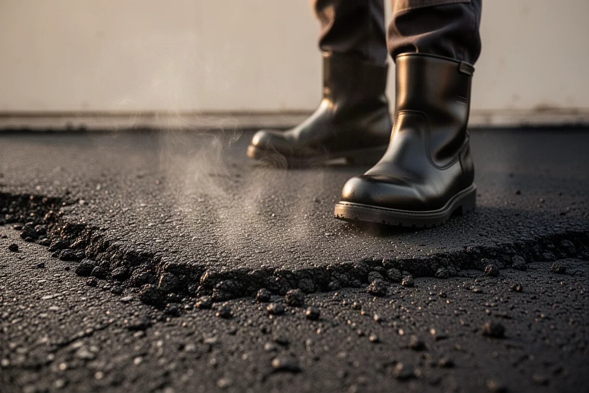 Freshly paved hot asphalt surface with a worker's boots in frame
