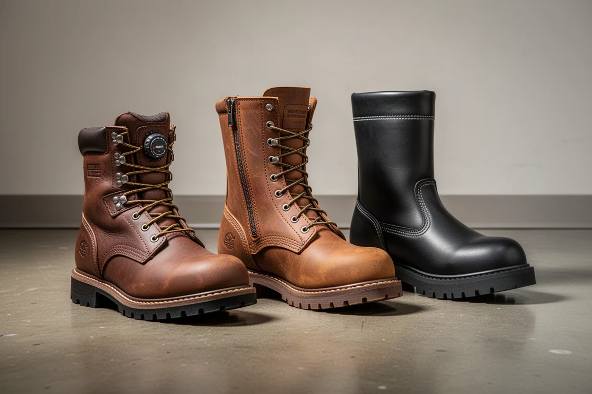 Three HexArmor work boots in a row on a concrete floor