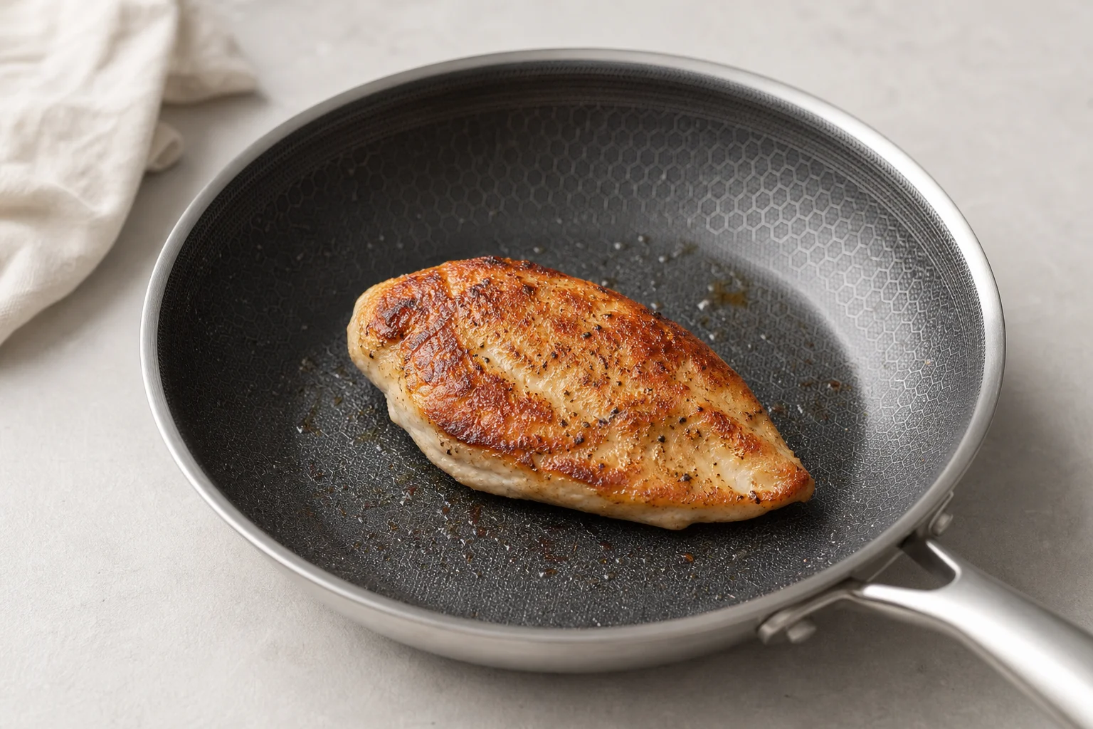 Seared chicken breast with golden-brown crust in a HexClad pan