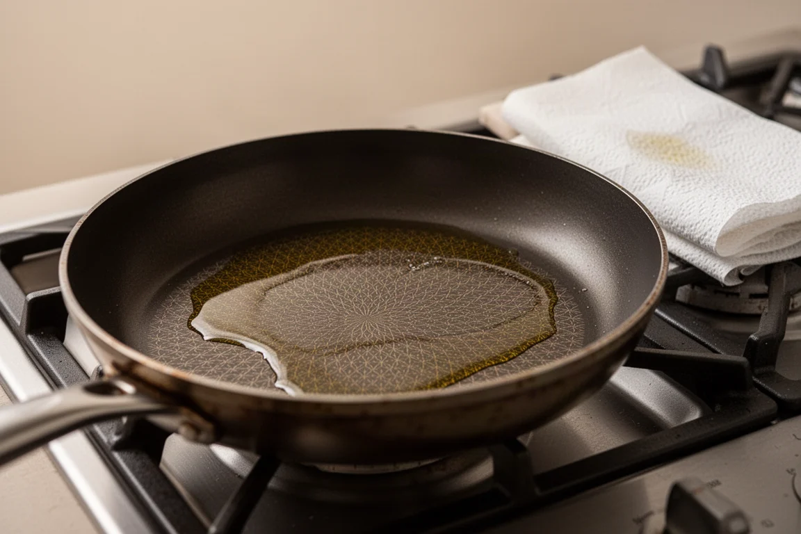 A chef seasoning a frying pan with a thin layer of oil over a medium heat
