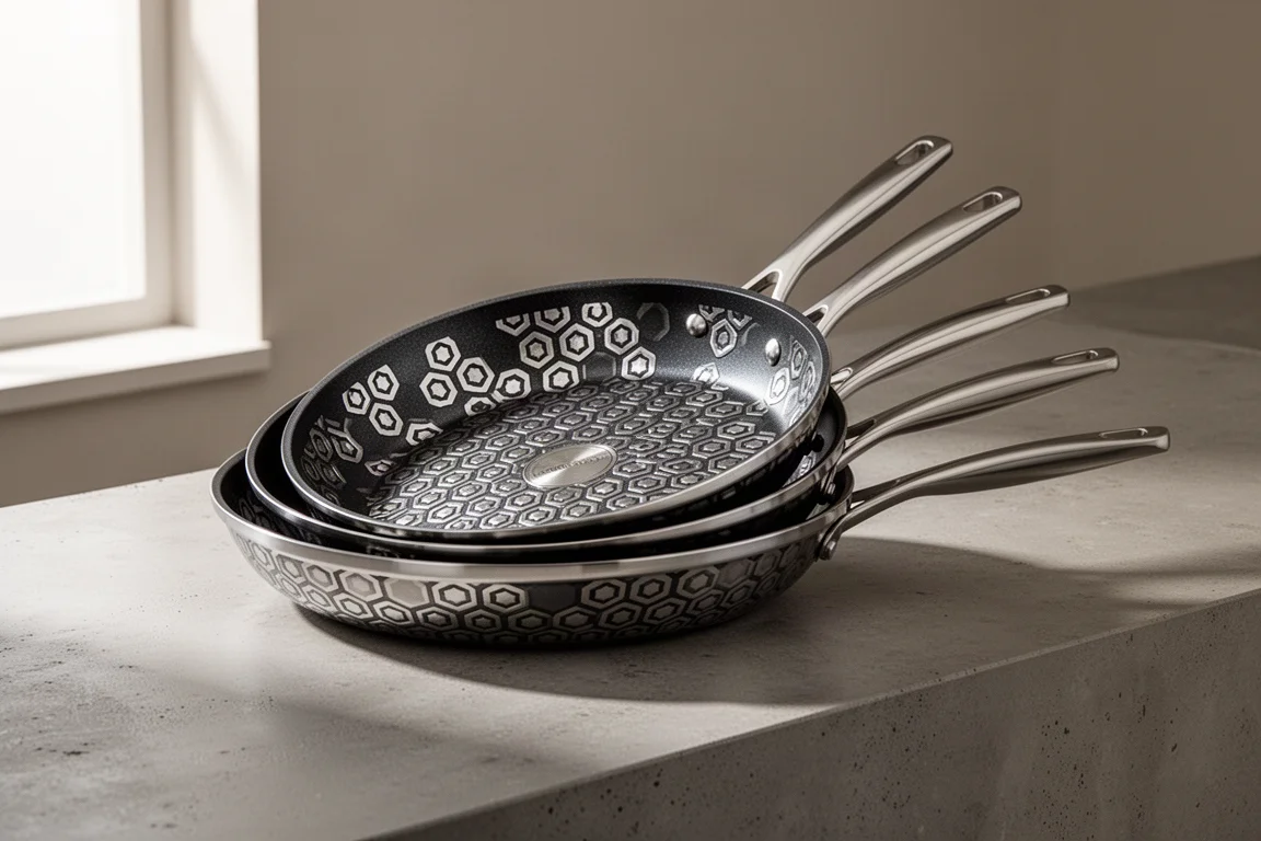 Hybrid frying pans with hexagonal non-stick cooking surfaces on a concrete counter