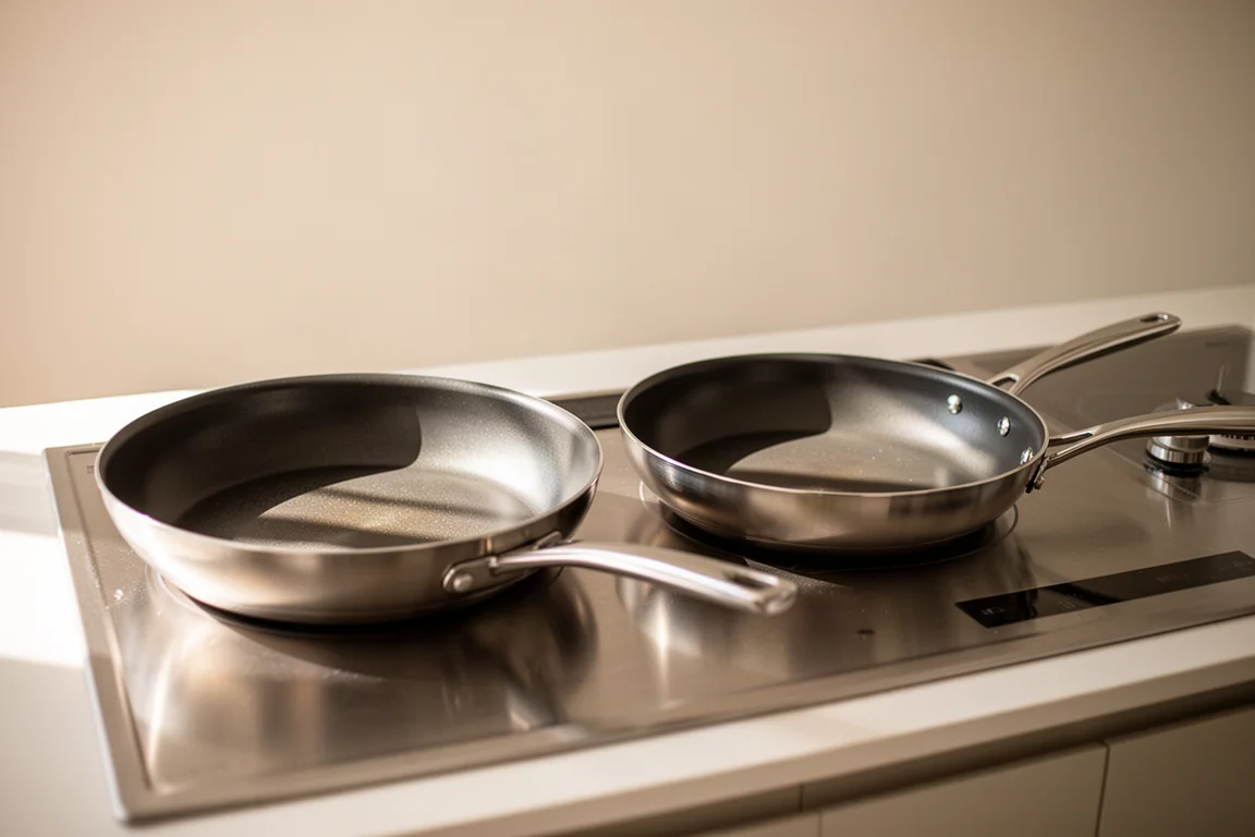 Two frying pans side by side on a stovetop with soft kitchen light