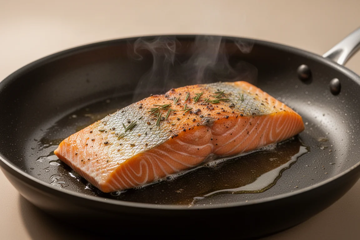 Salmon fillet searing skin-side down in a hot pan with golden edges