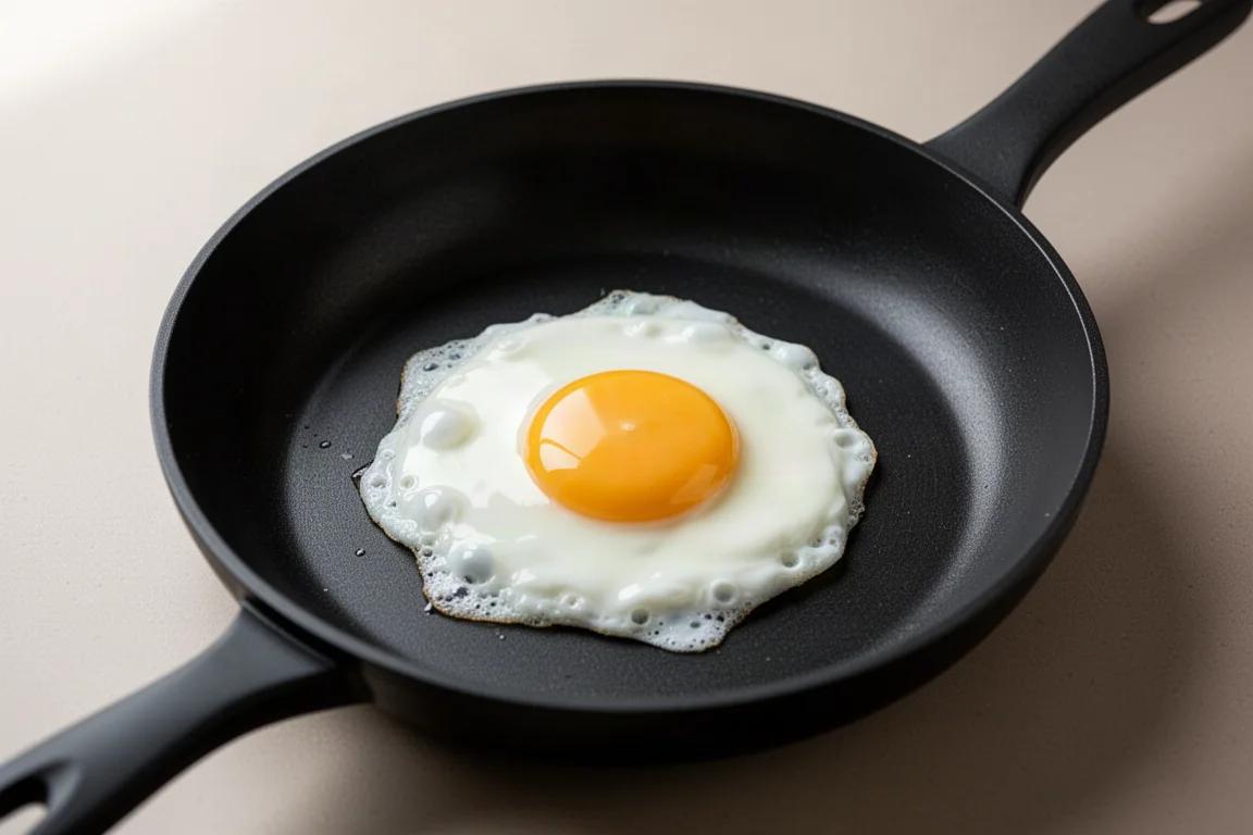 A fried egg sliding freely in a smooth non-stick pan
