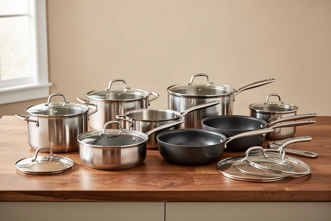 A well-organized cookware collection arranged on a kitchen counter