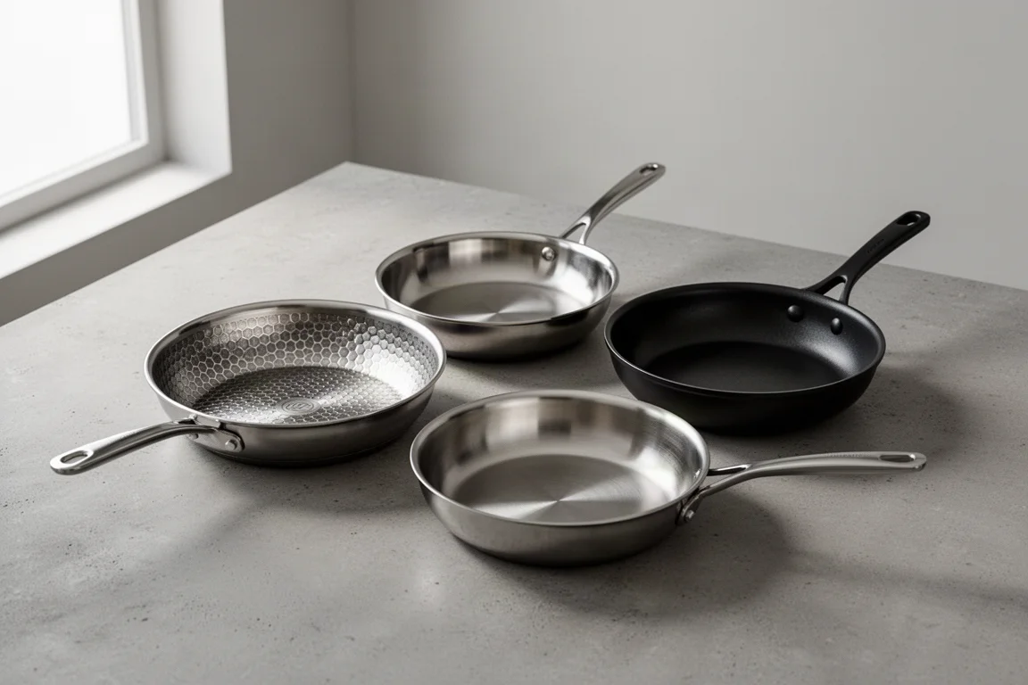 Three frying pans with hexagonal, stainless, and non-stick surfaces on a concrete surface