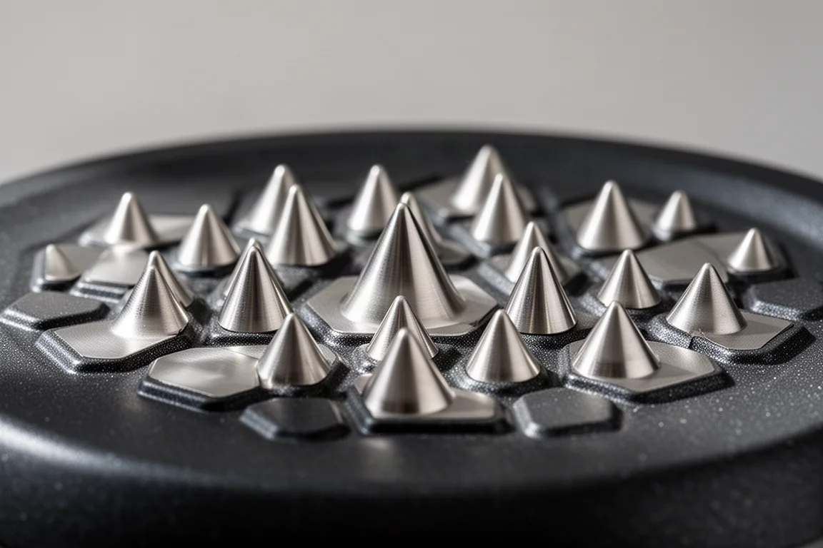 Close-up of a textured hybrid non-stick pan surface with hexagonal steel pattern
