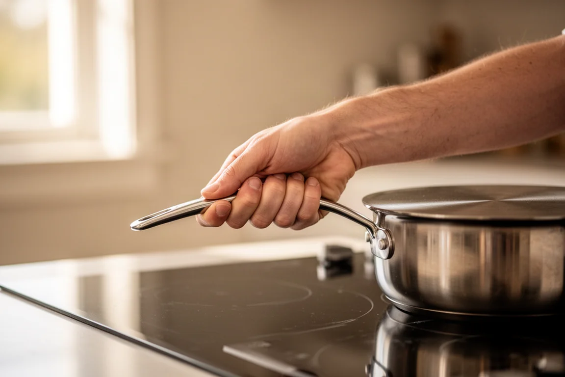 Cook's hand gripping a flat-bottomed pan handle over a stove