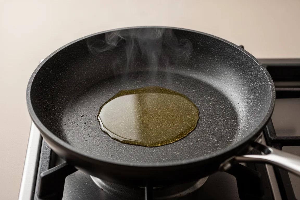 Oil pooling in the center of a textured pan on a stovetop