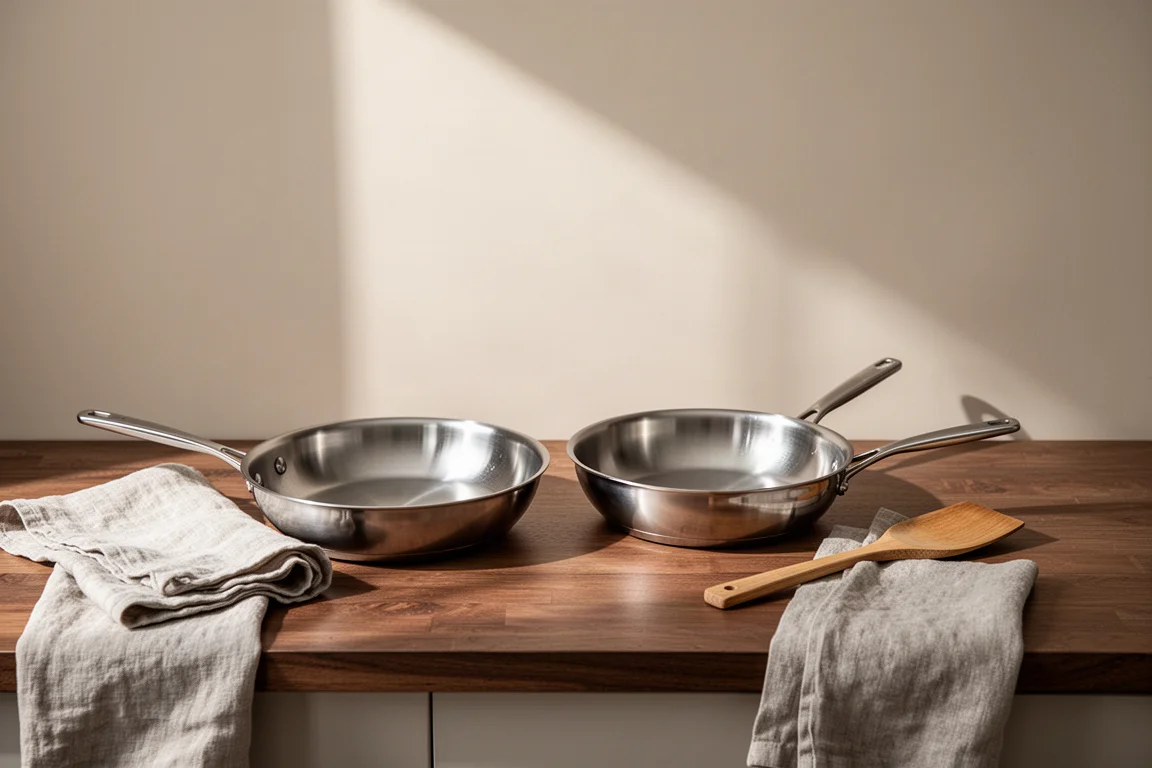 Two frying pans side by side on a kitchen counter in natural light