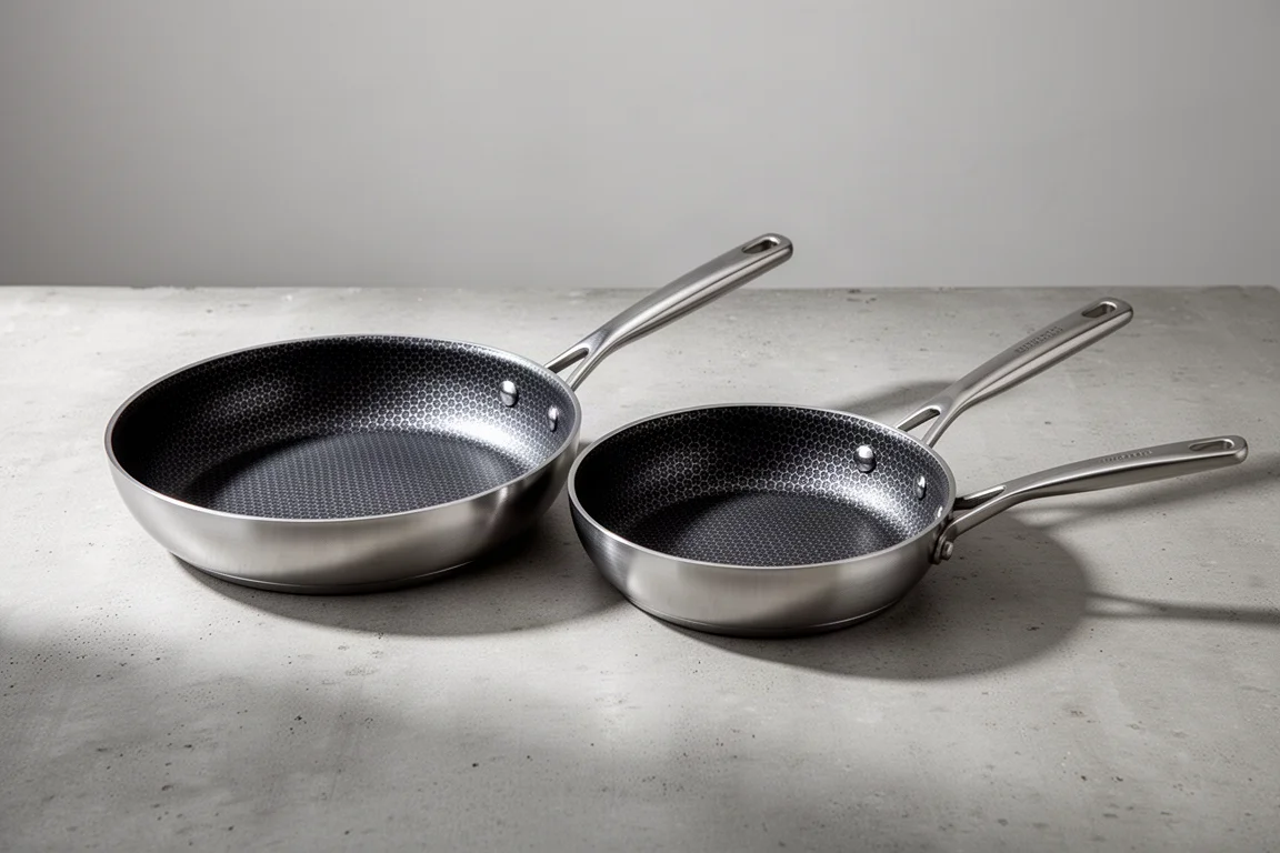Two hybrid stainless steel frying pans side by side on a concrete surface