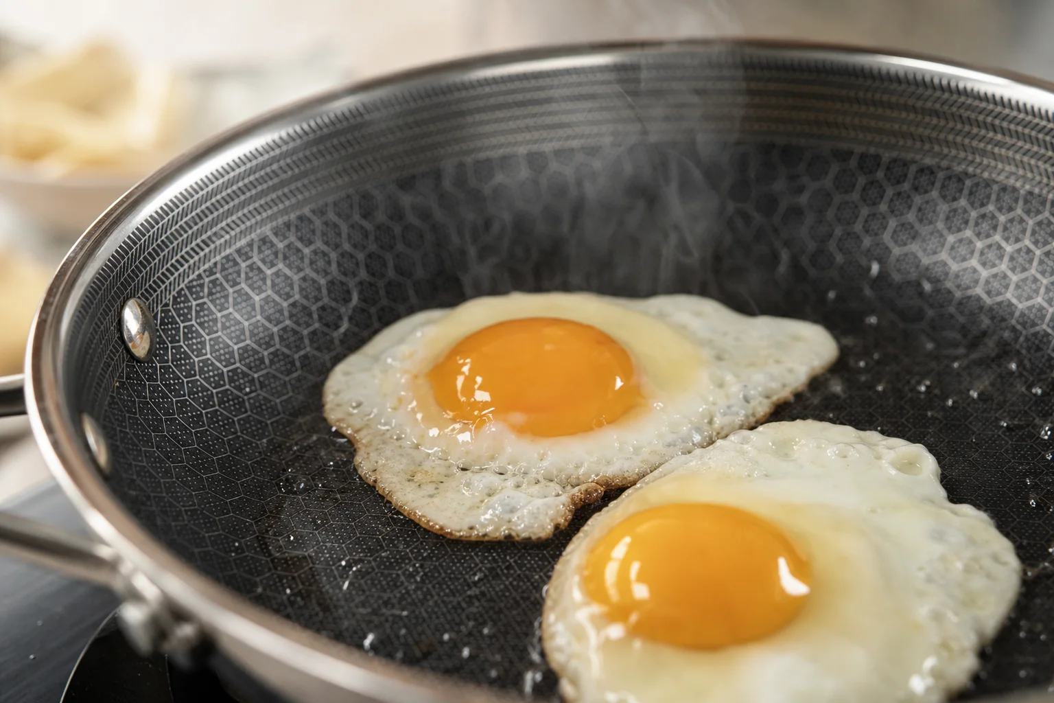 Cuisson d'œufs dans une poêle hybride avec motif hexagonal visible