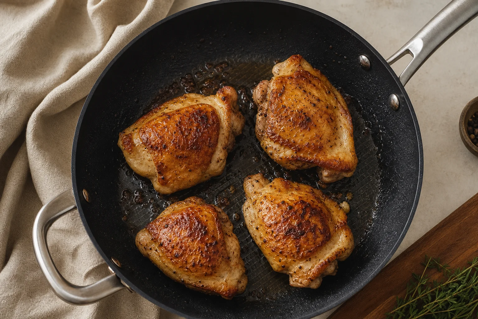 Cuisses de poulet en train de dorer dans une poêle avec des marques de saisie visibles