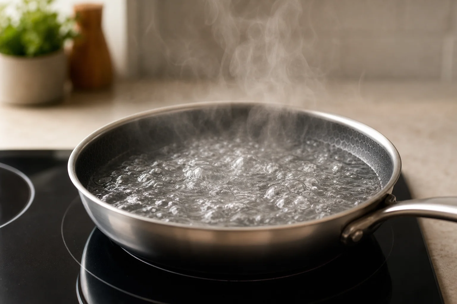 Eau en ébullition dans une poêle sur une plaque de cuisson électrique