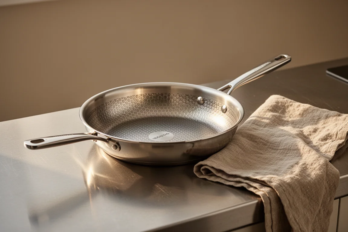 Hybrid-Bratpfanne nach dem Kochen auf einer modernen Küchenarbeitsplatte