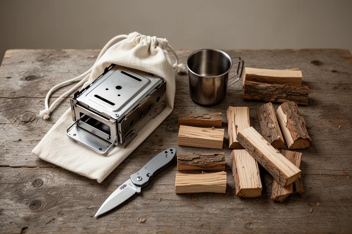 Kit da campeggio per cucinare disposto in piano con fornello a legna piegato nella sua sacca e legna spezzata