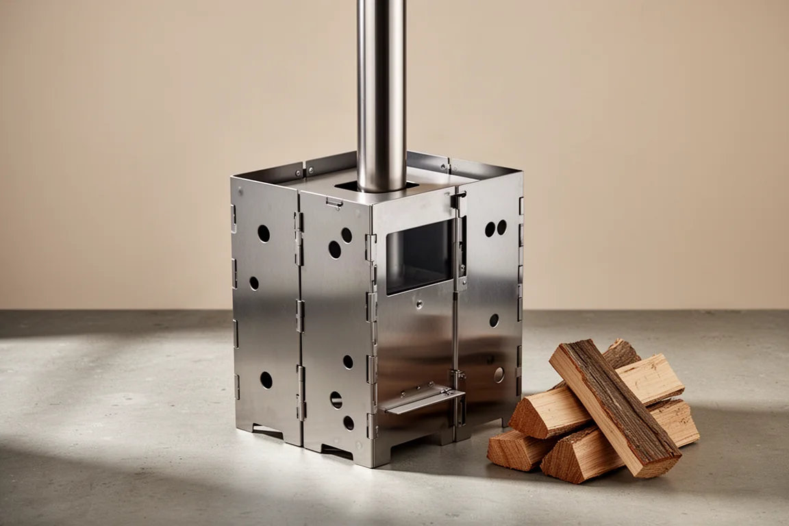 Folding stainless steel wood stove with center chimney on a concrete surface