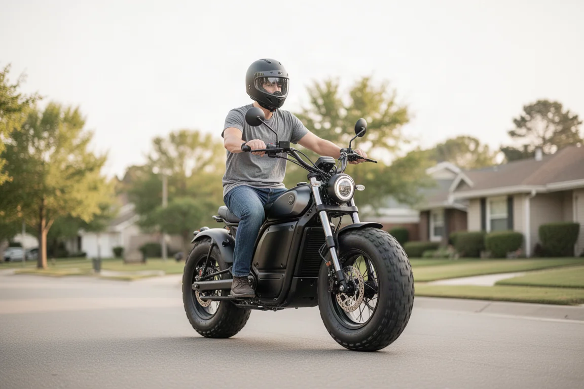 Ciclista su una e-bike in stile moped che percorre una strada suburbana pianeggiante