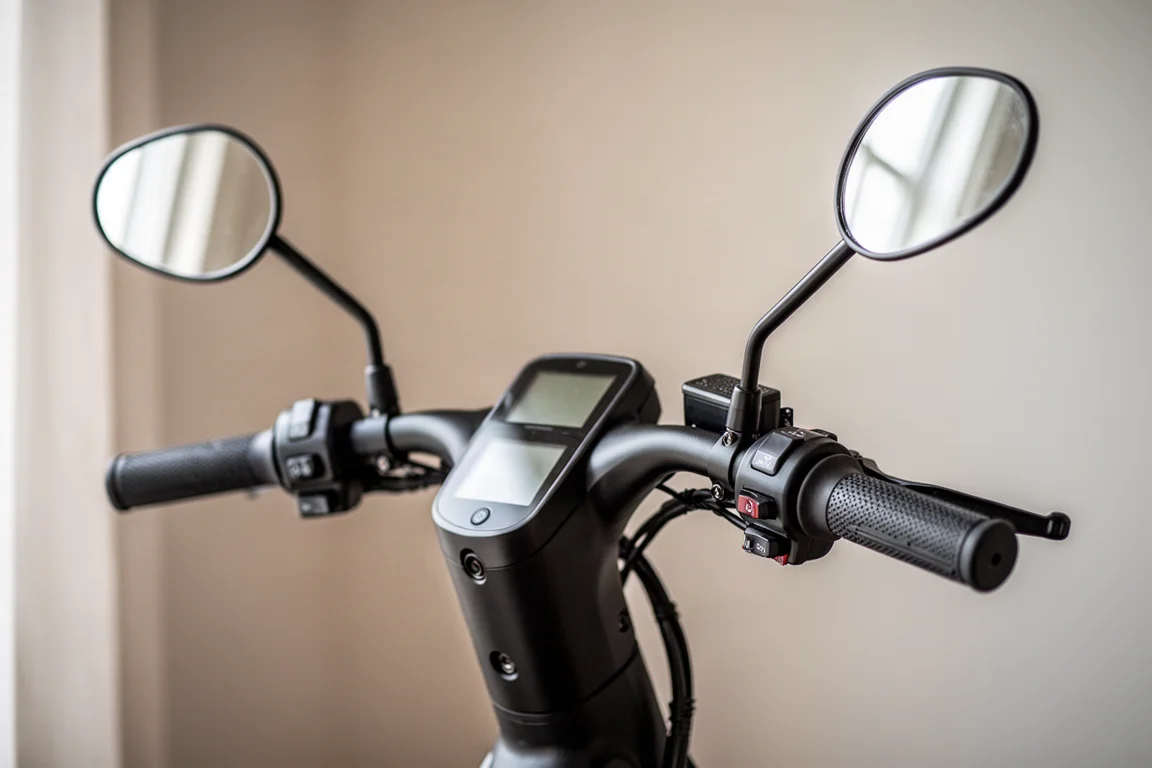 Primo piano del manubrio della Heybike Saturn con specchietti e display