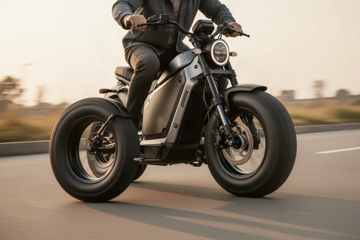 E-bike in stile moped che si inclina in curva su una strada asfaltata
