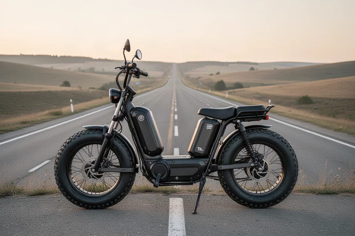 E-bike in stile moped parcheggiata su un belvedere panoramico con una lunga strada davanti