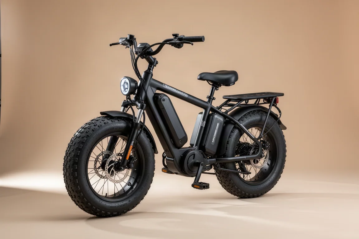 E-bike estilo moped Heybike Saturn com pneus largos em um fundo neutro